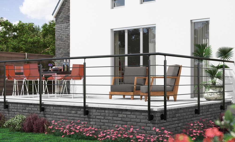 Black wall-mounted balustrade system on patio