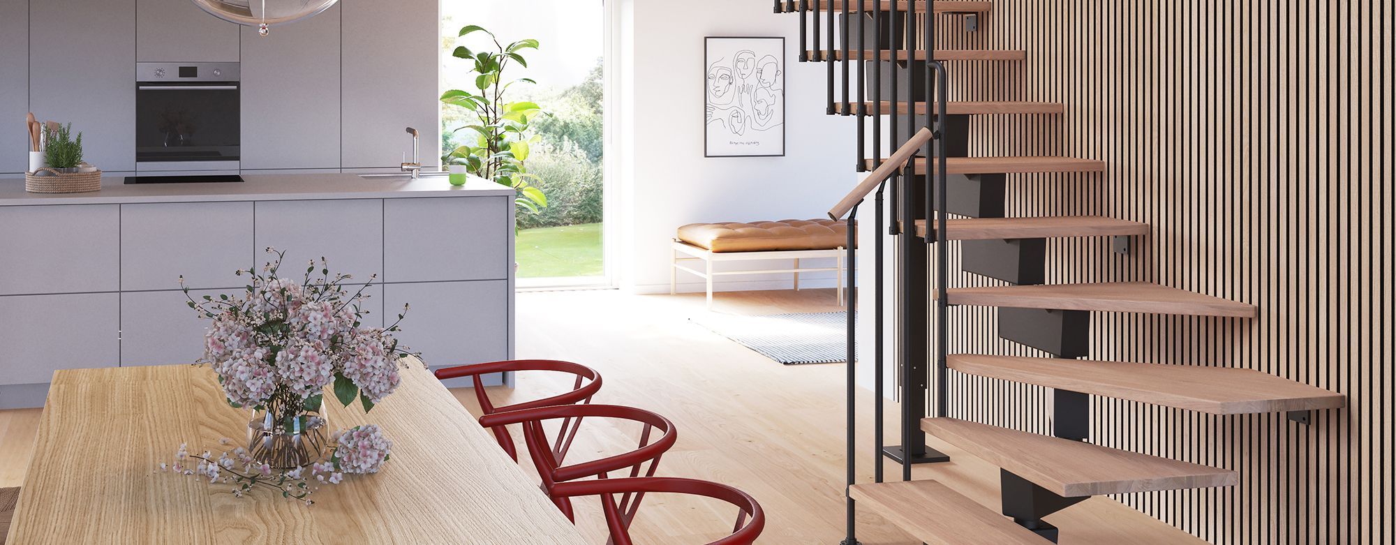 Stylish DOLLE staircase with wooden steps and black railings in a modern, open kitchen setting.