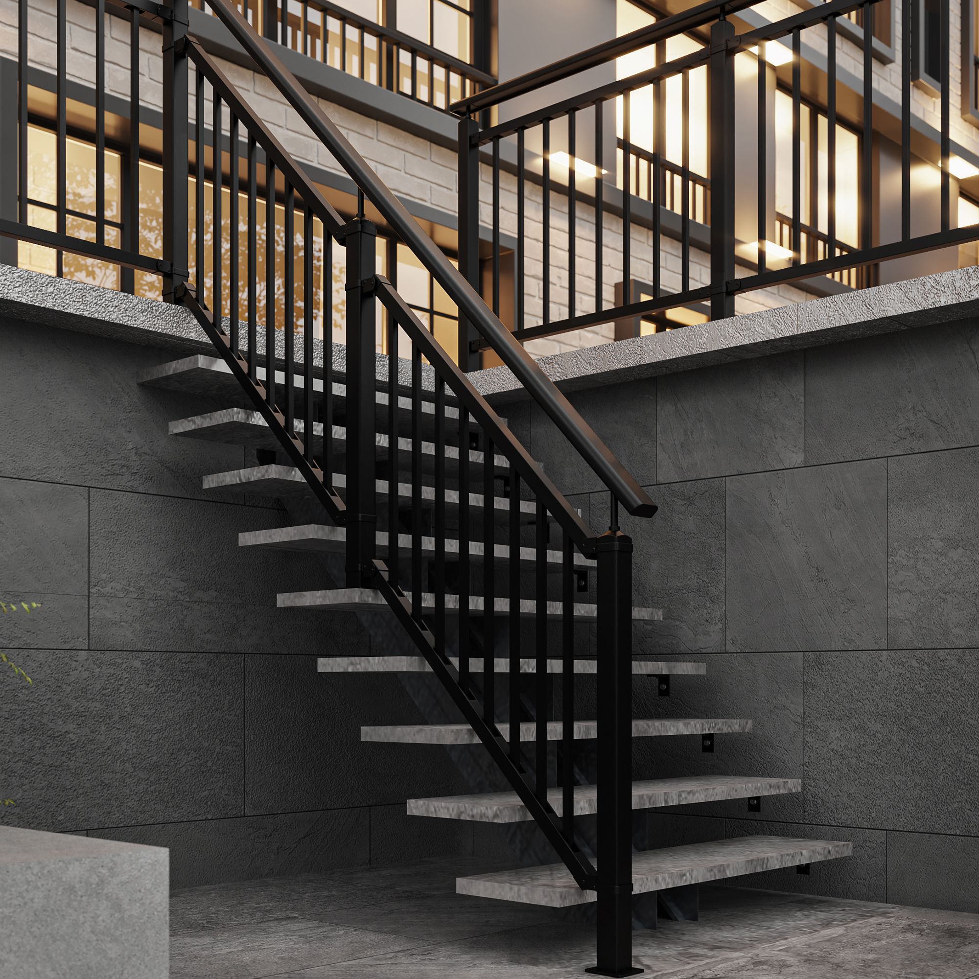 Black vertical balustrade on a staircase 