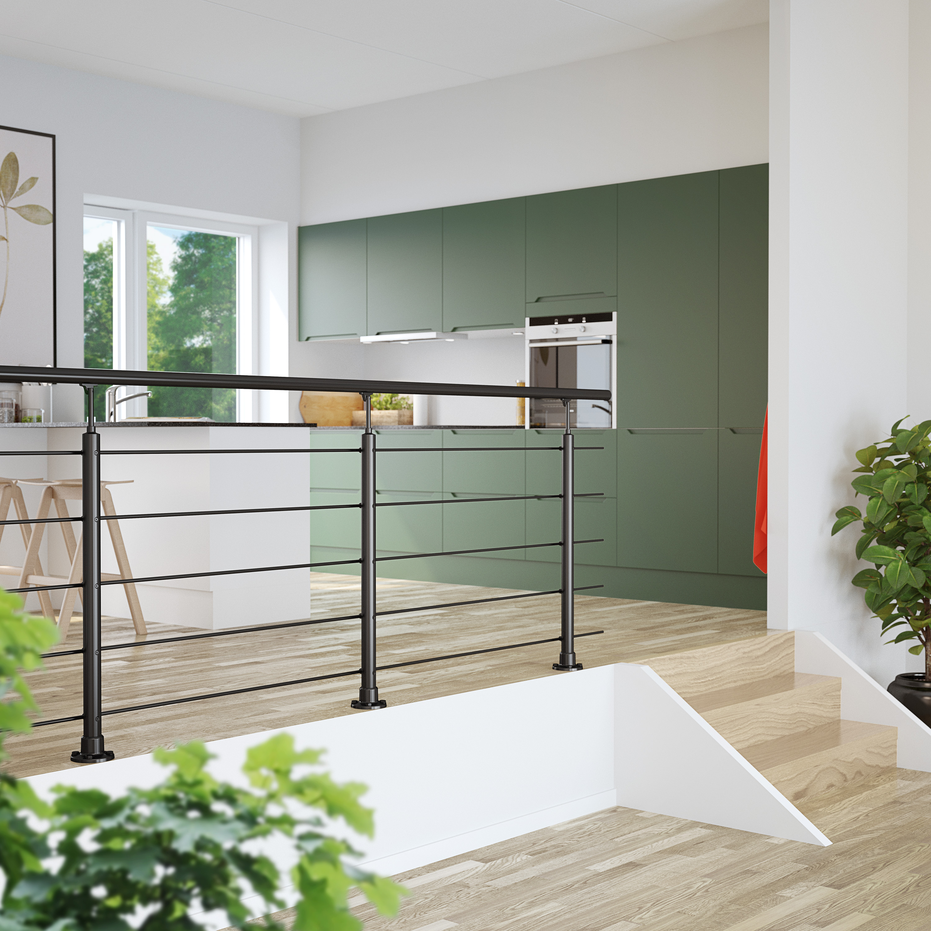 Black floor mounted balustrade in kitchen