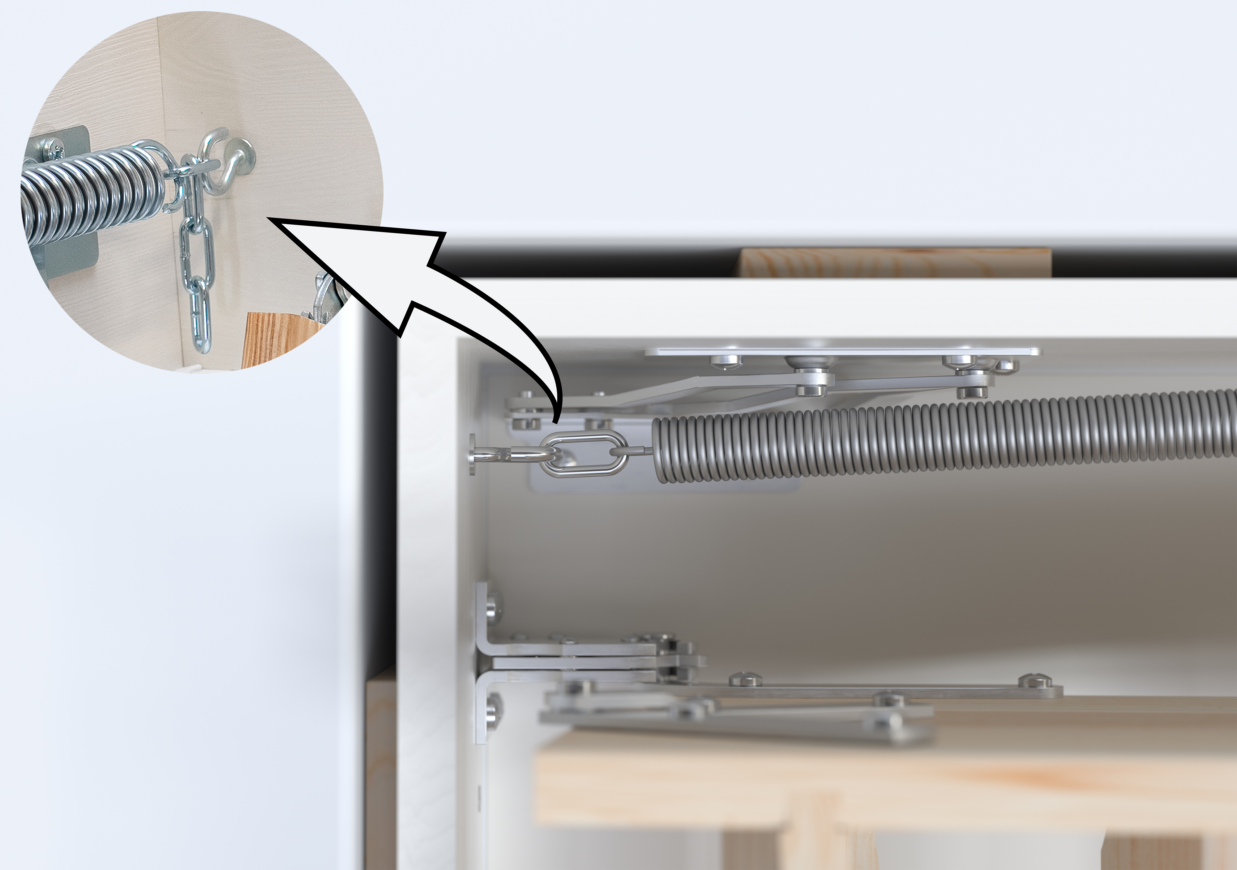 Show where to adjust the spring mechanism on a loft ladder