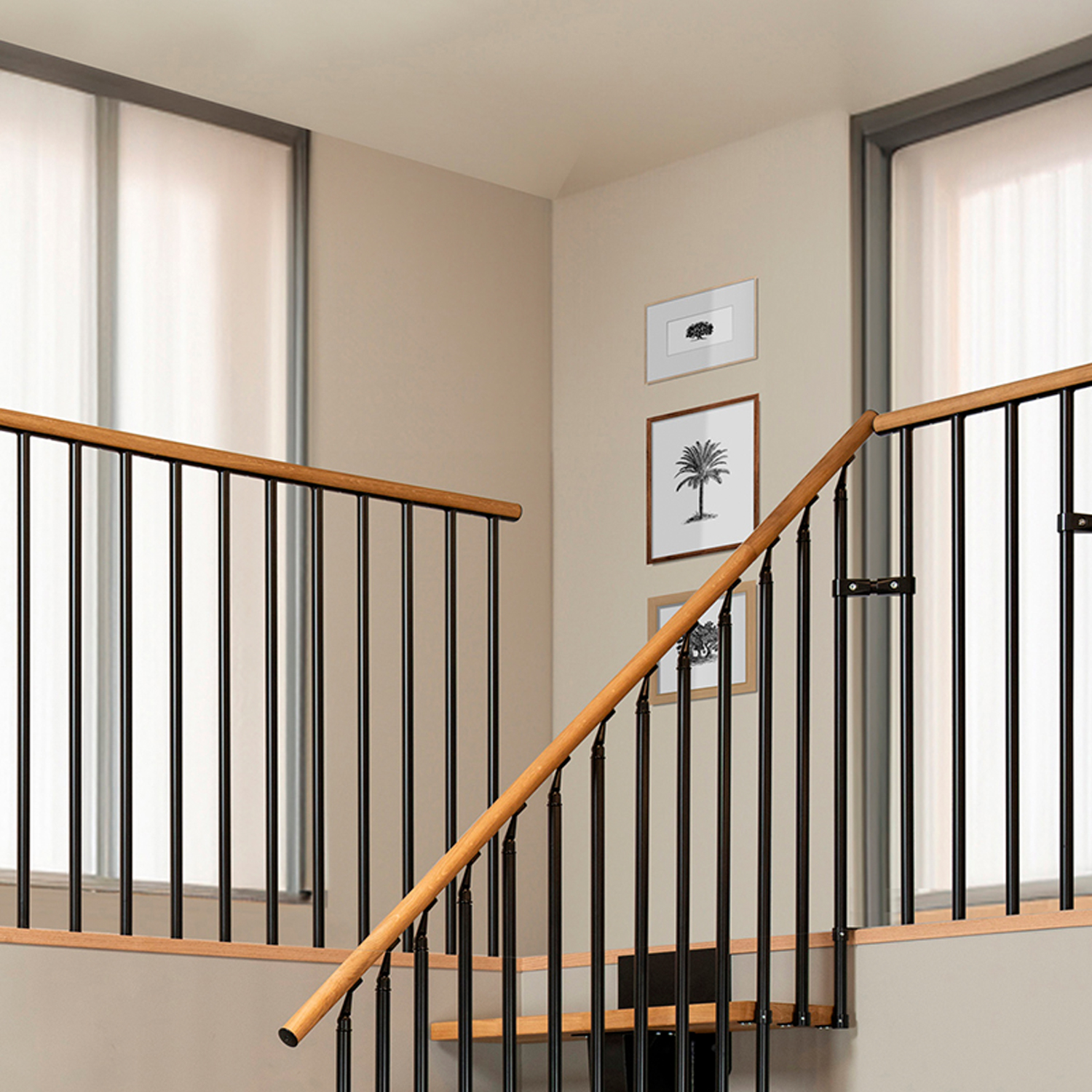 Black Vertical landing banister in stylish stairway