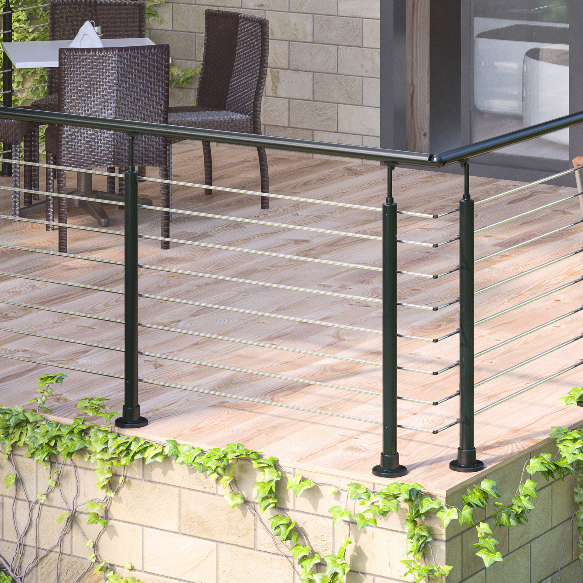 Black floor mounted balustrade in kitchen