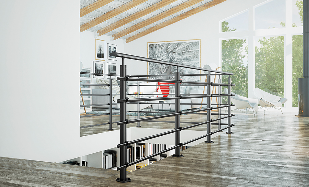 Black floor mounted balustrade at a stairway 