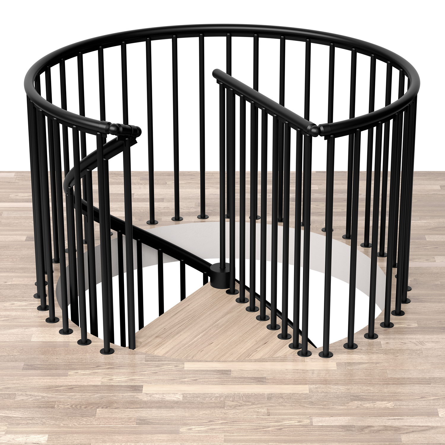 Landing banister with vertical balusters for spiral staircase 