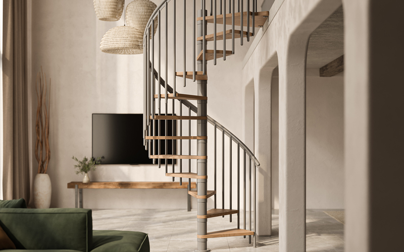 Grey Spiral staircase with flexibel Floor height