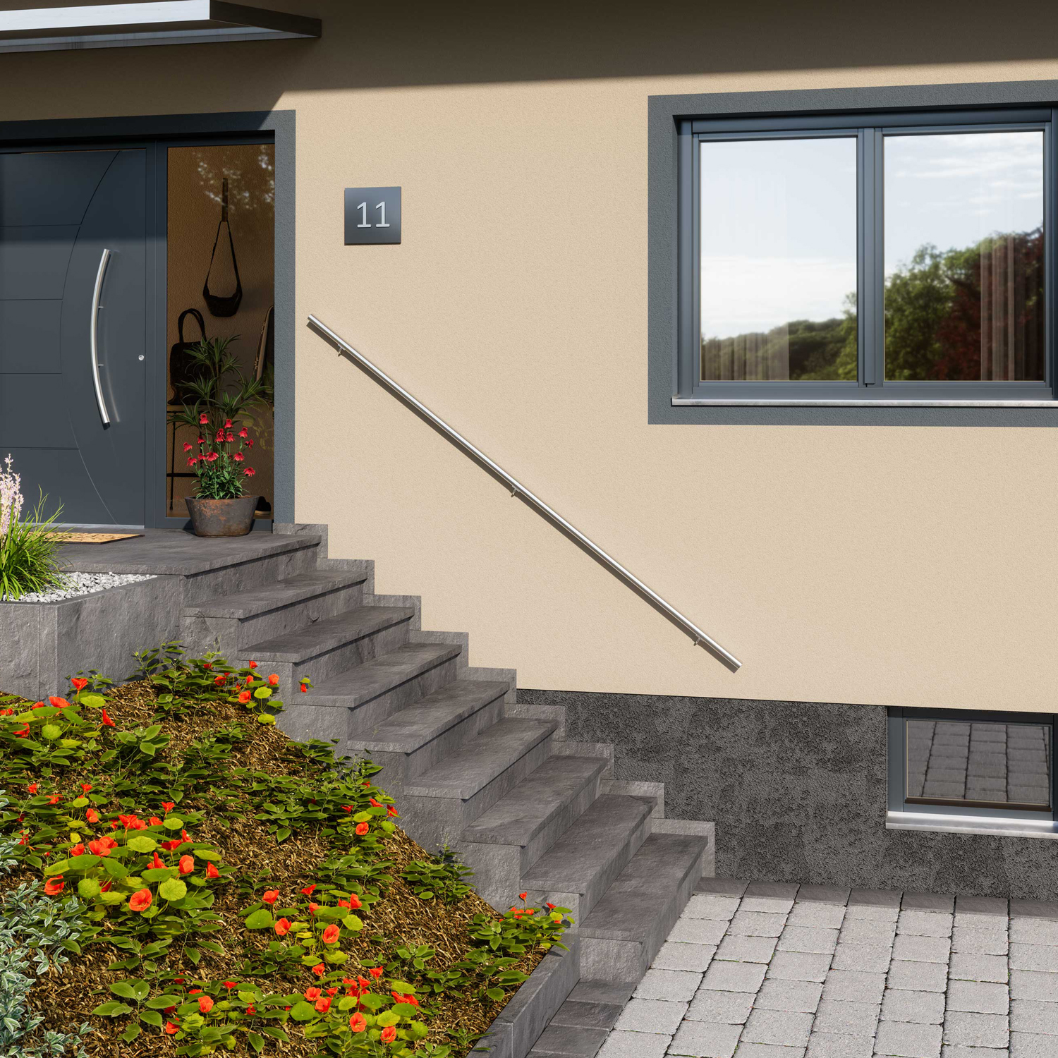 wall-mounted handrail by a outdoor stair