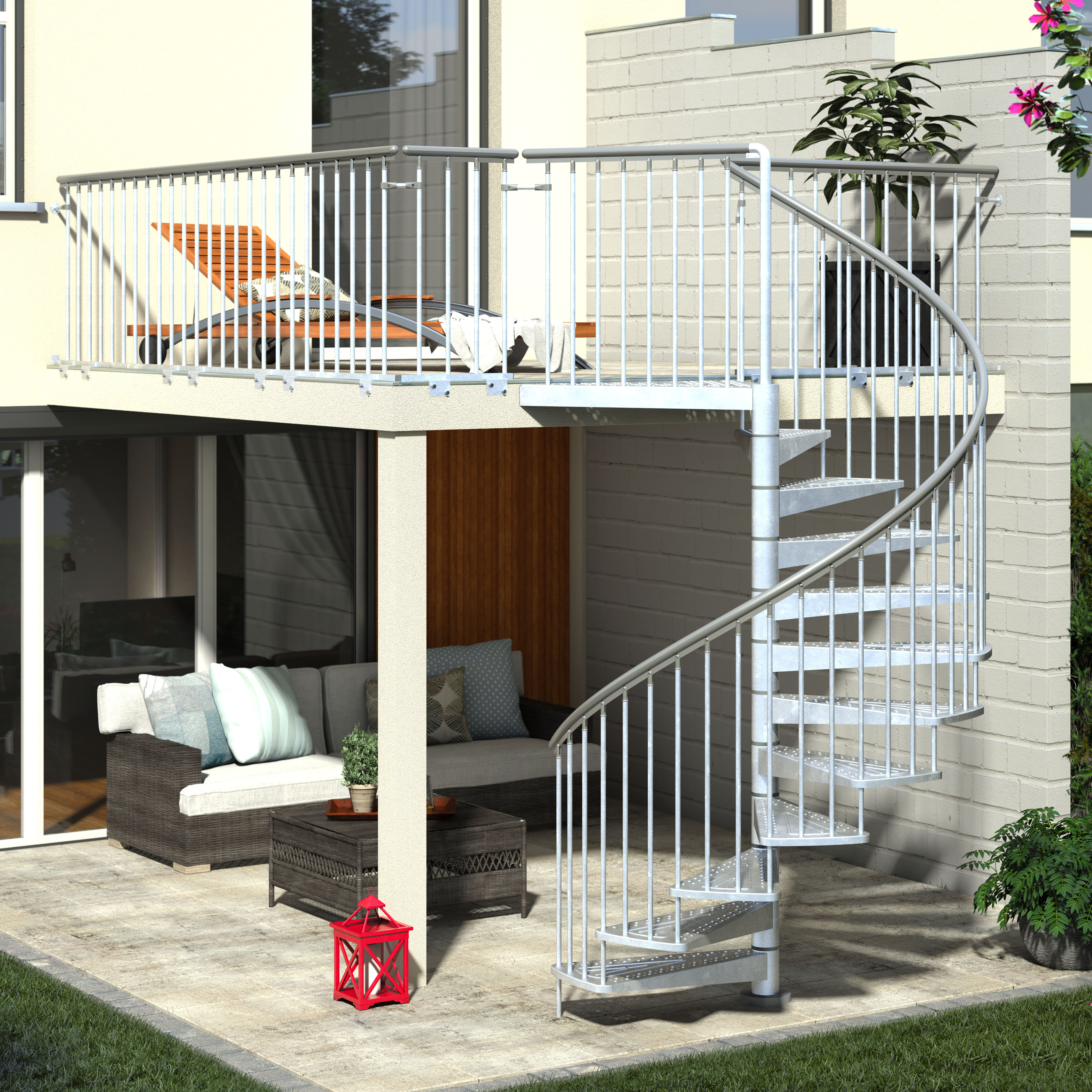 Outdoor spiral staircase in galvanized steel with landing banister