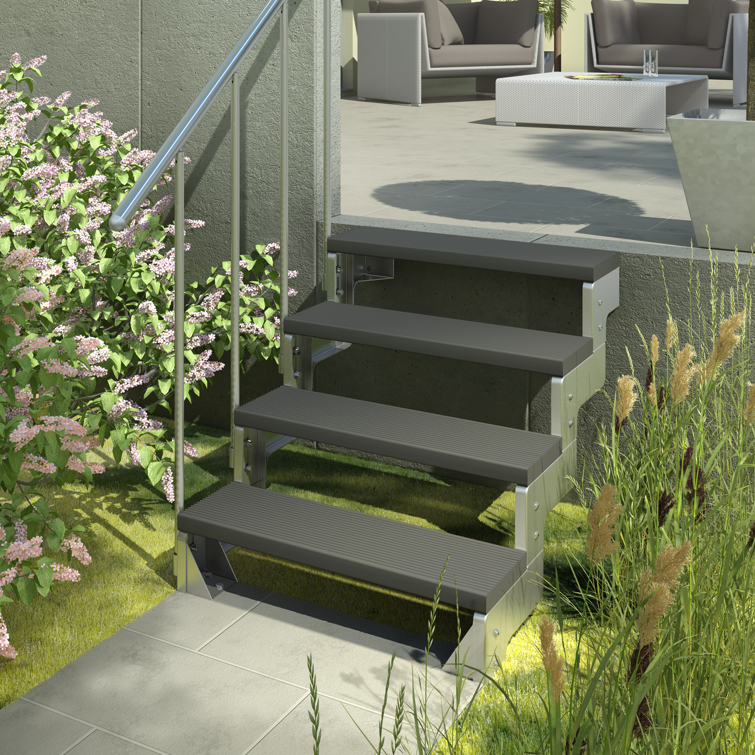 Straight flight outdoor garden stair with trimax treads