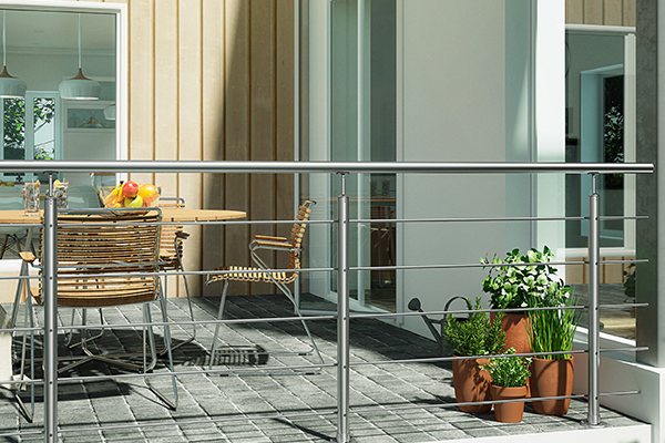 Balustrade system in aluminium on patio with garden furnitures