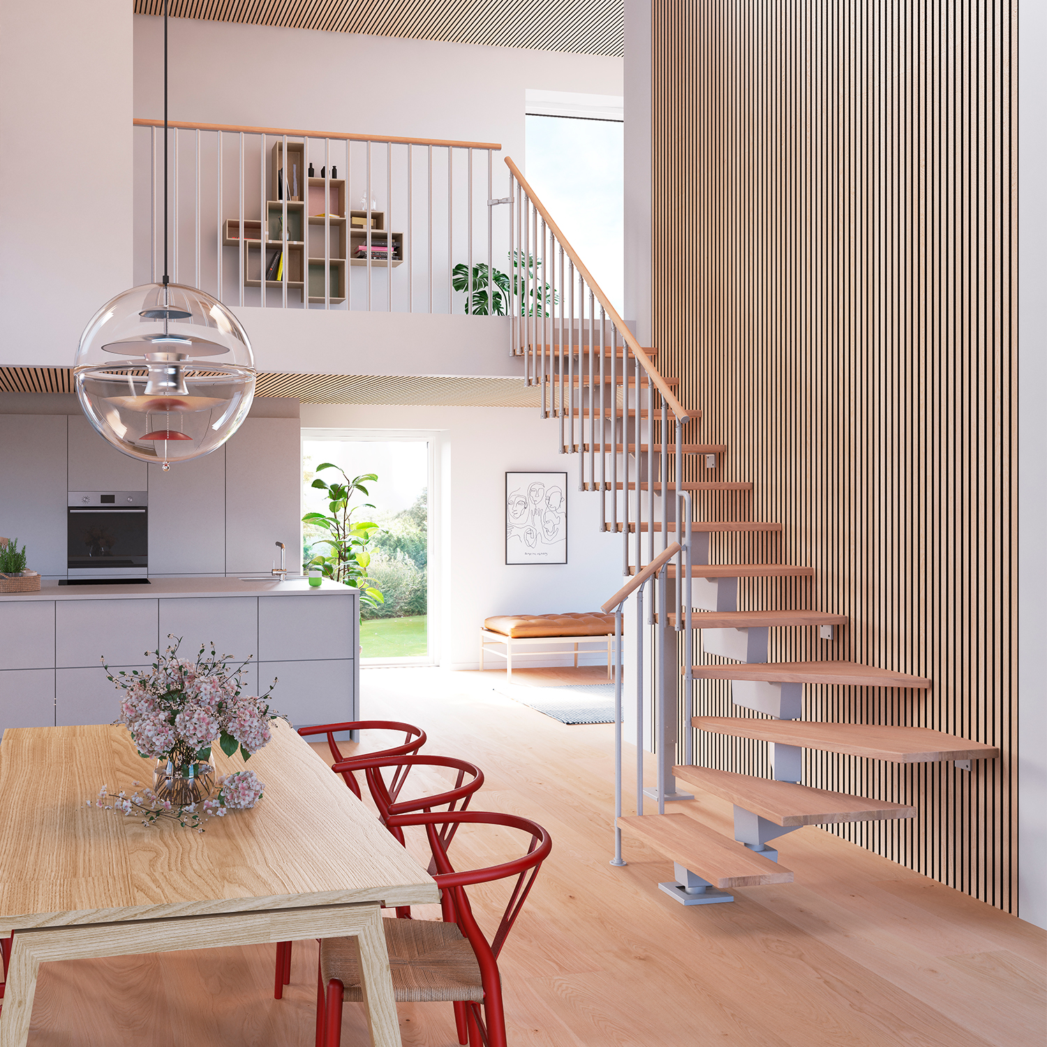 Main staircase DUBAI in grey and wooden panels on wall