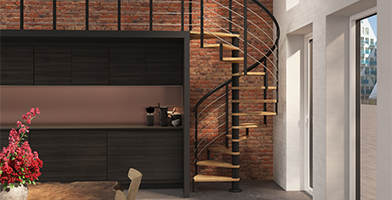 Spiral  staircase in black with matching landing banister 