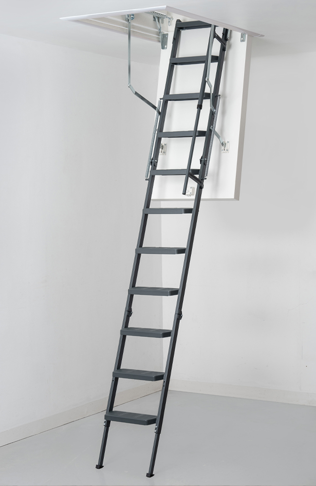 Steel loft ladder with wide and comfortable treads on the ladder